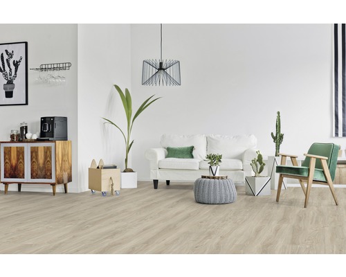 Heller Wohnraum mit Holzboden, Sofa, Sessel und Dekorationsgegenständen.