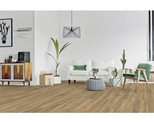 Wohnzimmer mit Laminatboden, Sofa, Sessel und Dekoration