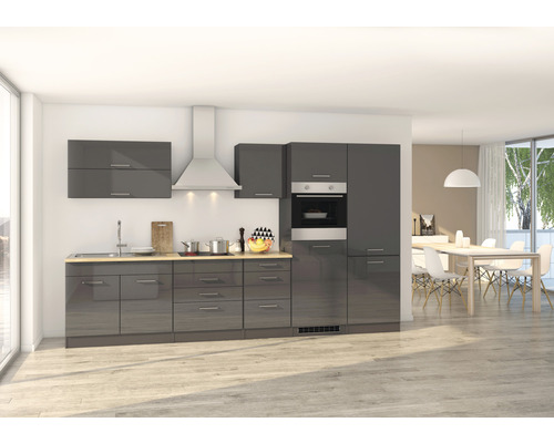 Held Möbel Küchenzeile mit Geräten Mailand 350 cm Frontfarbe grau hochglanz Korpusfarbe graphit zerlegt