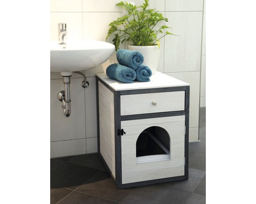 Katzenmöbel mit Schublade, Tür und Dekoration im Badezimmer