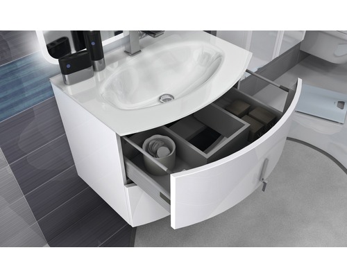 Waschtischunterschrank mit offenem Schubfach im Badezimmer