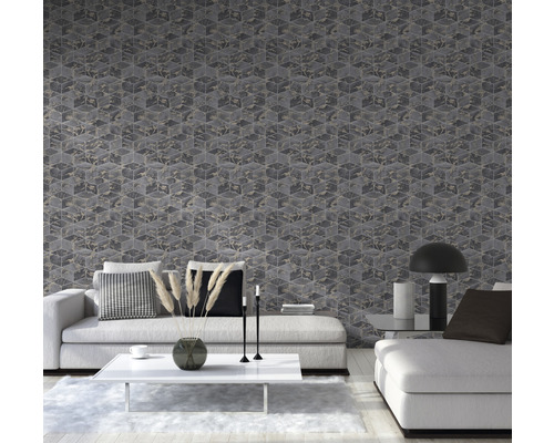 Wohnzimmer mit grauer Tapete im Würfelmuster und weißen Möbeln für ein modernes Ambiente