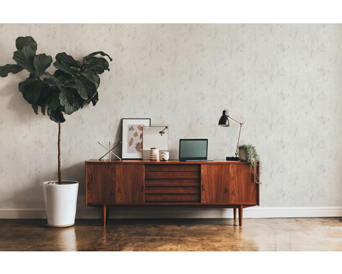 Wohnzimmer mit Sideboard, Zimmerpflanze und Dekorationen