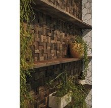 Wandgestaltung mit Holzpaneelen und Regalen dekoriert mit Pflanzen.