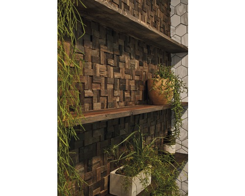 Wandgestaltung mit Holzpaneelen und Regalen dekoriert mit Pflanzen.