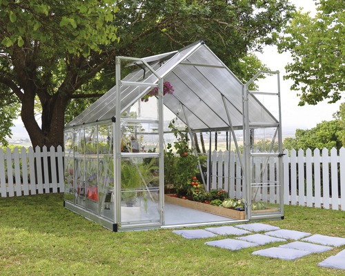 Gewächshaus Palram – Canopia Balance 8x8 244 x 247 cm silber Gewächshaus mit Pflanzen im Garten