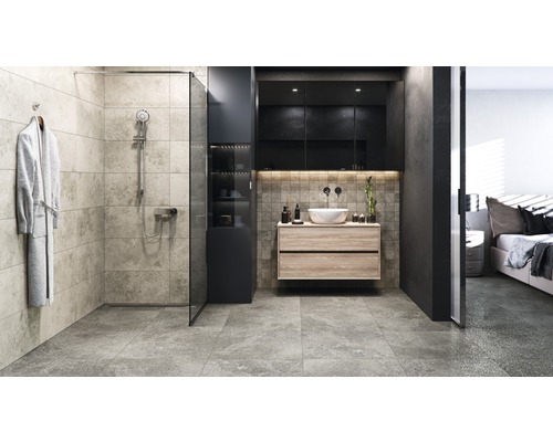 Badezimmer mit Dusche, Waschtisch und angrenzendem Schlafzimmer