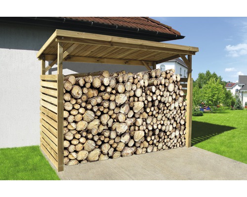 Kaminholzunterstand weka Brennholzlager 663 B Gr.2 274x131 cm natur Holzlager aus Holz gefüllt mit Brennholz im Garten.