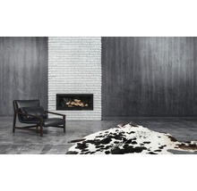 Wohnzimmer mit Sessel, Kamin und Teppich im Kuhfell-Design