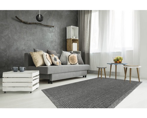 Modernes Wohnzimmer mit grauem Sofa, Teppich und dekorativen Kissen