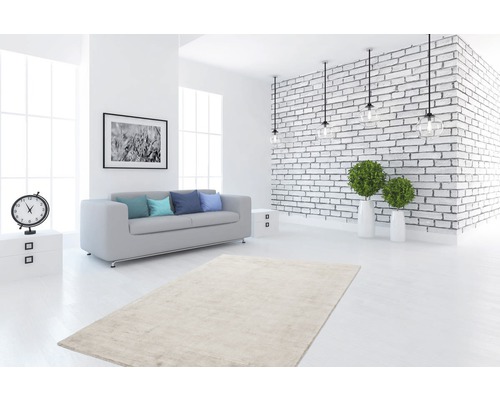 Heller Wohnraum mit Teppich, Sofa, Dekoration und weißer Ziegelwand