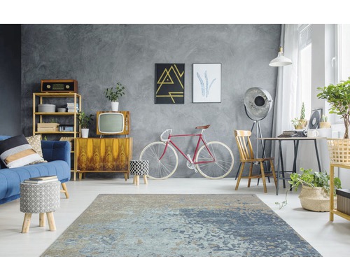 Wohnzimmer mit Teppich, Sofa, Tisch, Stühlen und Dekoration