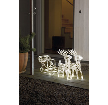 Beleuchteter Schlitten mit Rentieren als Weihnachtsdekoration vor einer Haustür.