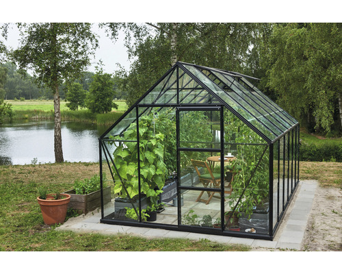 Gewächshaus mit Pflanzen und Gartenmöbeln im Garten