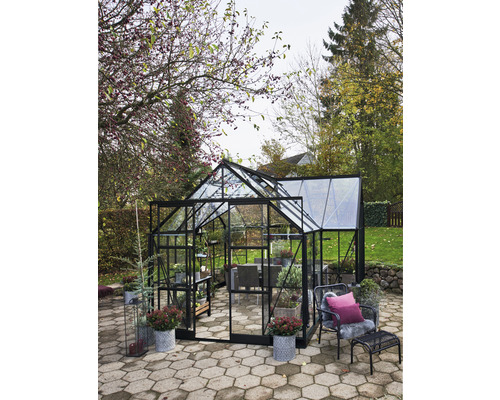 Gewächshaus mit Glaswänden und Metallrahmen im Garten