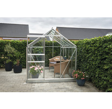 Gewächshaus mit Pflanzen und Möbeln im Garten
