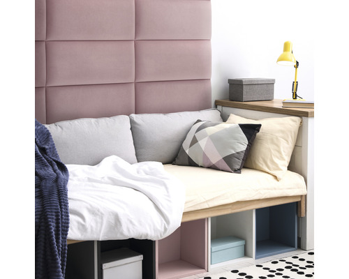 Wandkissen Matt Velvet altrosa Samt-Optik 30 x 60 cm Modernes Zimmer mit gepolstertem Kopfteil, Regalbett, Kissen und Schreibtischlampe