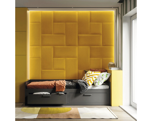 Wandkissen Matt Velvet schwefelgelb Samt-Optik 30 x 60 cm Kinderzimmer mit Bett, Schubladen, Kissen und gelber Wandverkleidung
