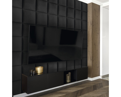 Wandkissen Matt Velvet schwarz Samt-Optik 30 x 30 cm Wohnzimmer mit schwarzer Akustik Wandpaneele und TV-Möbel