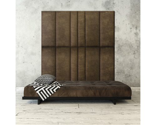 Wandkissen Preston braun Leder-Optik 15 x 90 cm Braunes Futonbett mit gesteppter Matratze und gepolstertem Kopfteil im Schlafzimmer
