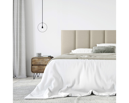 Wandkissen Solid creme-beige Gewebte-Optik 30 x 60 cm Schlafzimmer mit Bett, gepolstertem Kopfteil, Nachttisch und Pendelleuchte