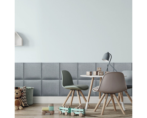 Wandkissen Salva pastellblau Gewebte-Optik 30 x 30 cm Kinderzimmer mit Akustikpaneelen, Tisch und Stühlen