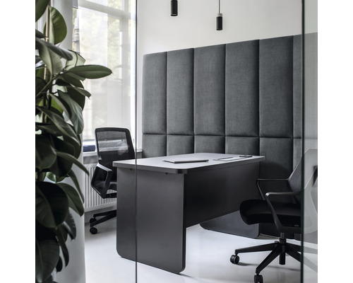 Wandkissen Kingston grau Gewebte-Optik 30 x 90 cm Büro mit Schreibtisch, Bürostühlen und Akustikpaneelen für Schallschutz