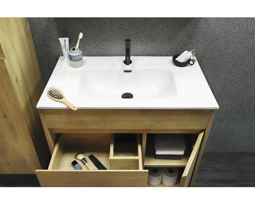 Badezimmerwaschtisch aus Holz mit offenem Schubfach und Waschbecken