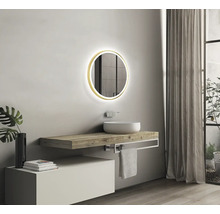 Badezimmer mit Waschtisch, rundem Spiegel mit Beleuchtung und Pflanze