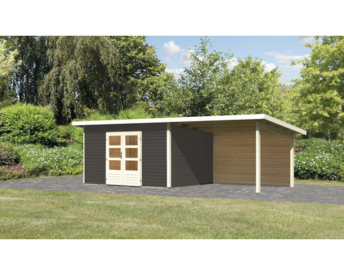 Gartenhaus mit Carport aus Holz im Außenbereich