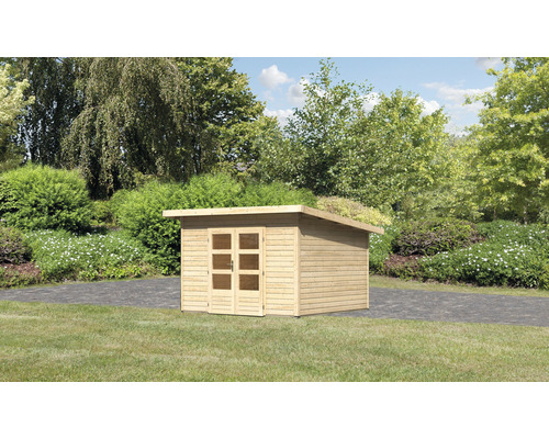 Holzgartenhaus mit Gründach im Garten