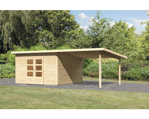 Holzgartenhaus mit Carport und Flachdach