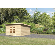 Holzgartenhaus mit Flachdach und Doppeltür im Garten