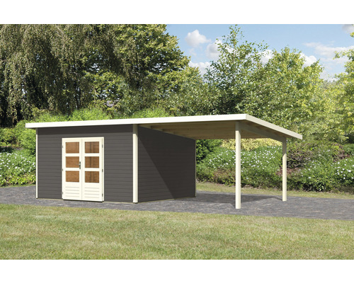 Gartenhaus mit Carport und Doppeltür im Garten