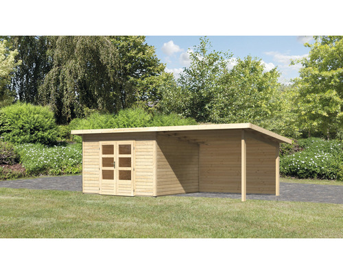 Gartenhaus Karibu Speyer 3 inkl. Anbaudach 3,3 m und Rückwand 664 x 331,5 cm natur