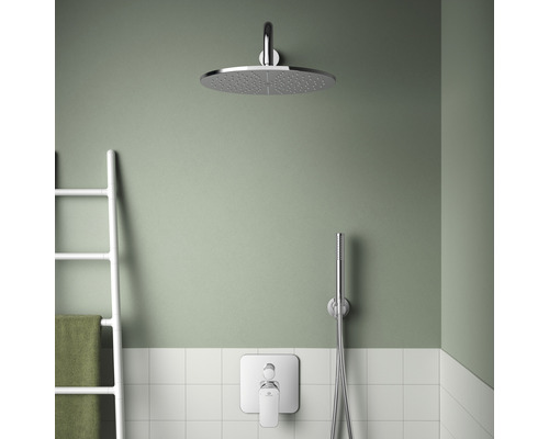 Badezimmer mit Kopfbrause, Handbrause und Handtuchleiter