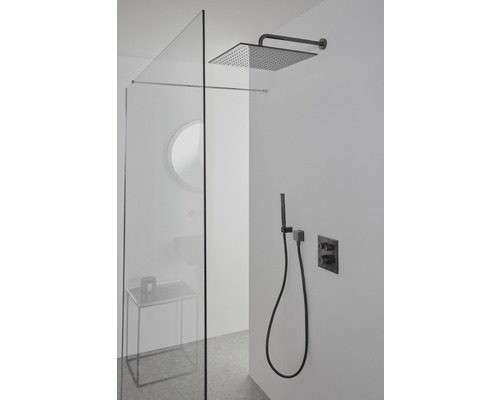 Badezimmer mit Duschkopf, Handbrause und Glaswand