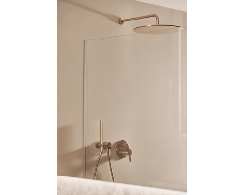 Duschkopf mit Duscharm und Armatur an einer Duschwand