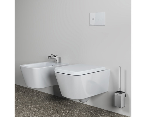 Wandhängendes Bidet, Wandhänge-WC, Betätigungsplatte und WC-Garnitur im Badezimmer