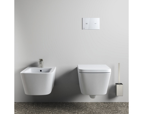 Bidet, Wand-Tiefspülklosett, Betätigungsplatte und WC-Bürstengarnitur im Badezimmer