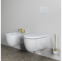 Badezimmer Interieur mit wandhängendem Bidet, Toilette, Betätigungsplatte und WC-Bürstengarnitur.