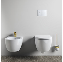 Wandhängendes Bidet, Toilette, Betätigungsplatte und Toilettenbürste in einem Badezimmer.