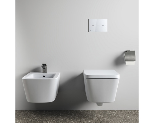 Wandhängendes Bidet und Toilette mit Spültaste und Toilettenpapierhalter im Badezimmer