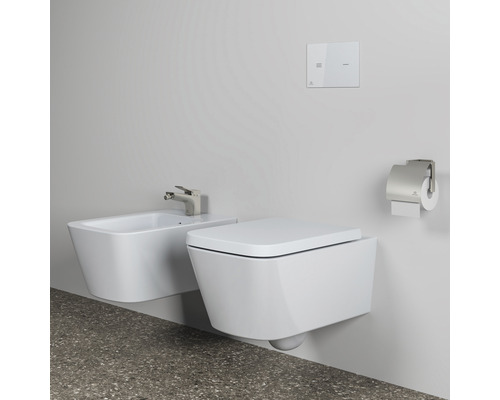 Wandhängendes Tiefspül-WC mit Bidet, Betätigungsplatte und Toilettenpapierhalter im Badezimmer.