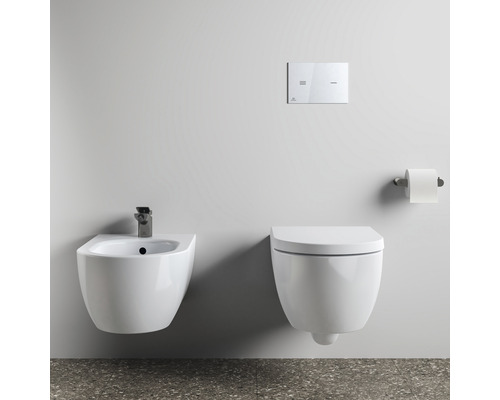 Wandhängendes Bidet und Toilette mit Betätigungsplatte und Toilettenpapierhalter an einer Badezimmerwand