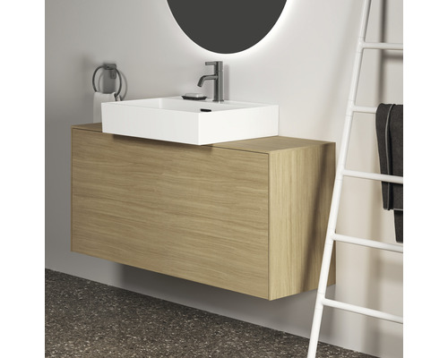 Waschtisch mit Holzunterschrank und rechteckigem Aufsatzwaschbecken im Badezimmer