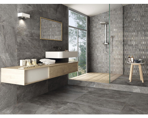 Modernes Badezimmer mit grauen Fliesen, Waschbecken und Dusche