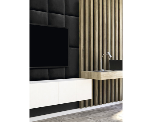 Wandkissen Matt Velvet schwarz Samt-Optik 30 x 60 cm Wohnzimmer mit Fernseher, Wandpaneelen, TV-Schrank und Schreibtisch