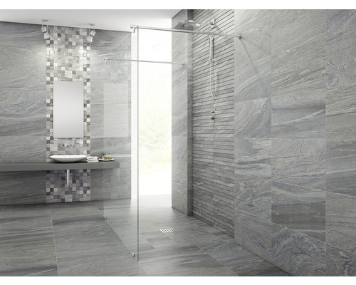 Modernes Badezimmer mit grauen Fliesen, Dusche und Waschbecken