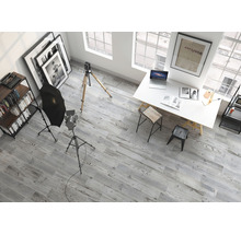 Interieuransicht eines Studios mit Fotografie-Ausrüstung, Schreibtisch, Regalen und grauem Holzboden